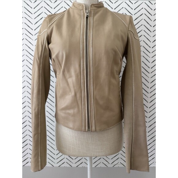 LAMARQUE Women's Hira Fitted Leather Moto Jacket in Distressed Wheat Size XS - Picture 1 of 16